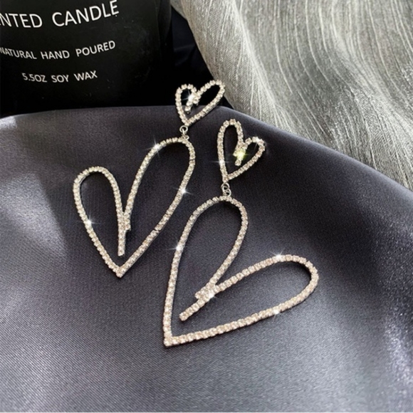 Jewelry - Silver Sparkle Oversized Double Heart Dangle Earrings